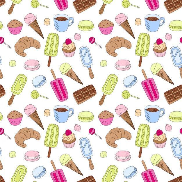 Doodle Sweets food seamless pattern. Cartoon outline, drawn texture with colored dessert. Muffin cupcake, ice cream and candy chocolate