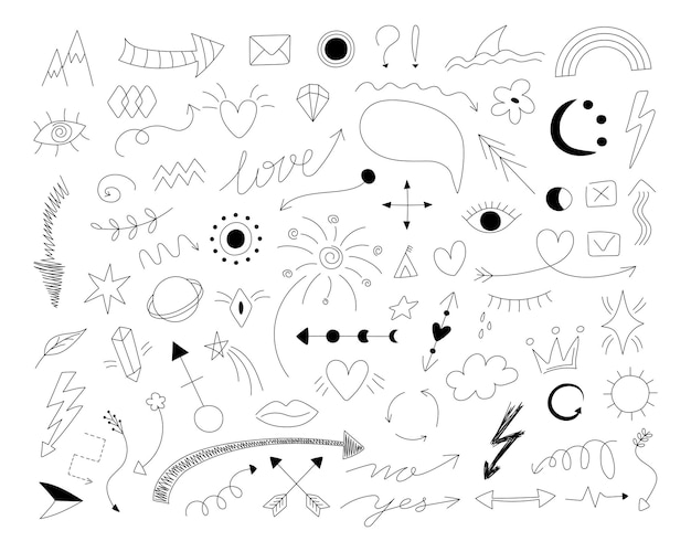 Doodle symbols Hand drawn thin line arrows with scribble emphasis crown