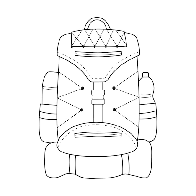 Doodle Tourist backpack with thermos bottle and travel mat Equipment for fishing tourism travel camping hiking Outline black and white vector illustration isolated on a white background