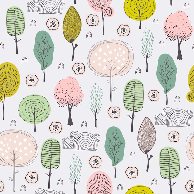 Doodle trees kids hand drawn pattern