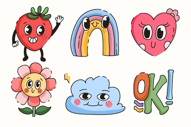 Doodle trendy cartoon drawing sticker badges. Cute comic icon vector with strawberry and rainbow 80 style