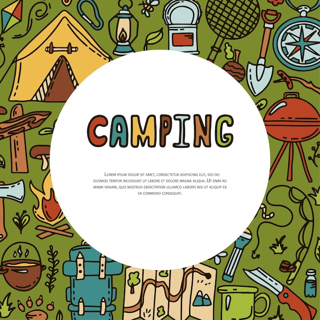 Doodle vector camping camping Sketch hiking IconsHand draw illustration for summer picnic in nature Camping equipments