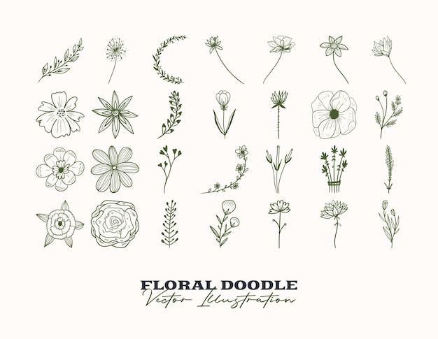 Doodle vector flowers set Hand drawn Decorative elements for design