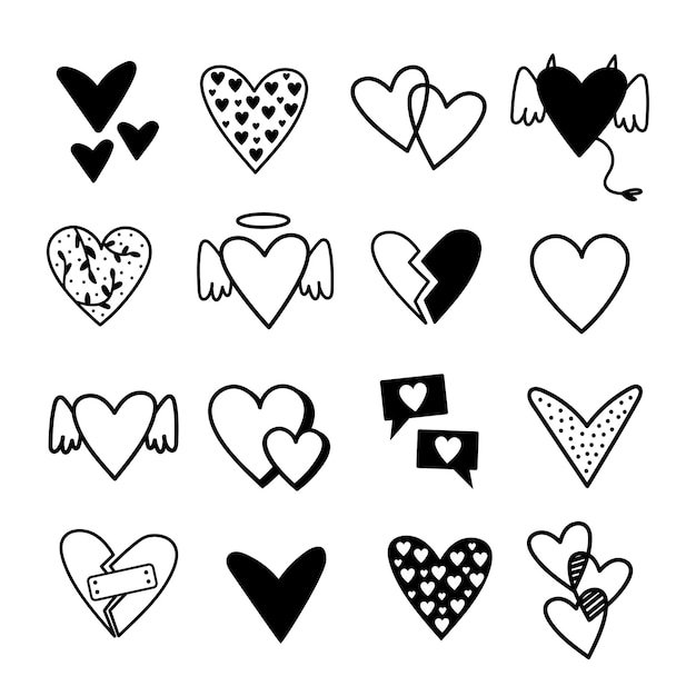 Doodle vector hearts in black and white icons for saint valentine's day