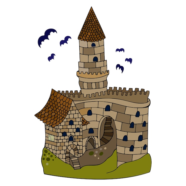 Doodle vector medieval castle Halloween illustration