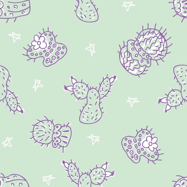 Doodle vector seamless pattern of cacti with stars Perfect for fabric scrapbooking textile and prints Sketch style illustration for decor and design