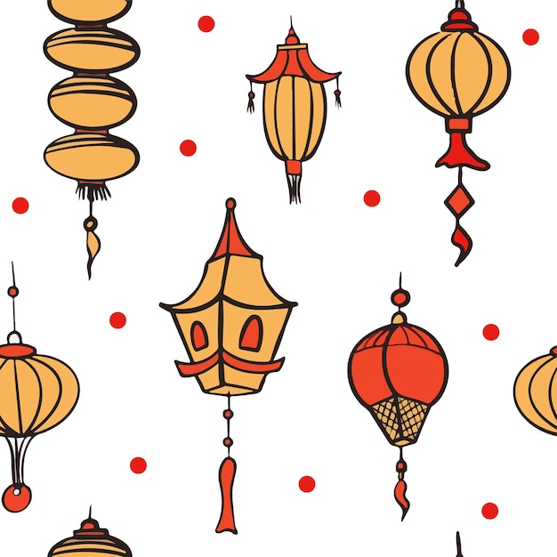 Doodle vector seamless pattern of chinese paper lanterns flat colorful icons oriental decoration of ...