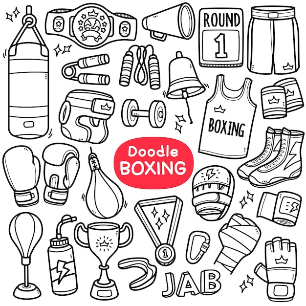 Doodle vector set  Boxing sport related equipments such as fight gear clothes belt etc