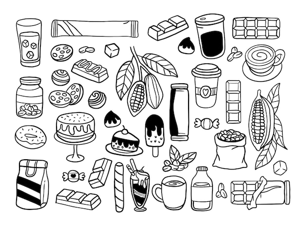 Doodle vector set cacao and chocolate product such as cocoa bean cocoa powder ice cream