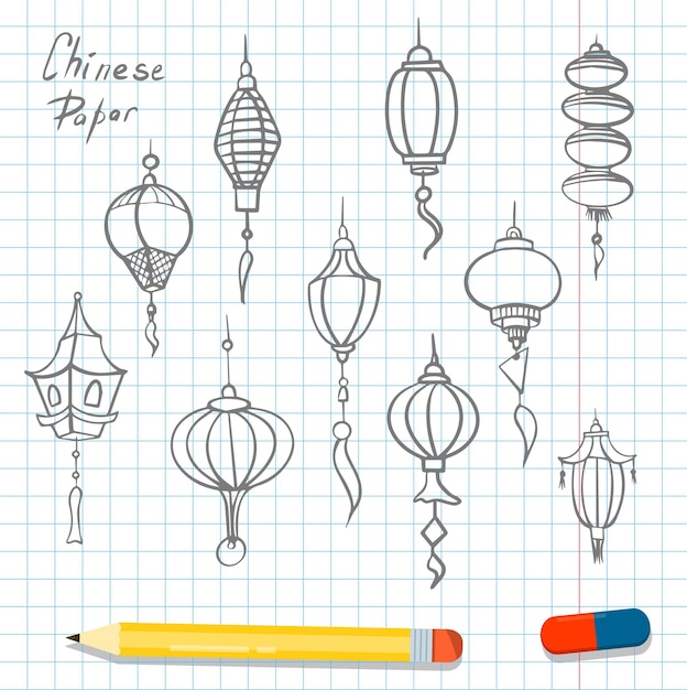 Doodle vector set of chinese paper lanterns flat icons oriental decoration of china culture illustra...