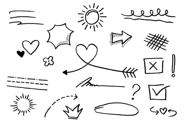 Doodle vector set illustration with hand draw line art style vector. Crown, king, sun, arrow, heart, love, star, swirl, swoops, emphasis, for concept design