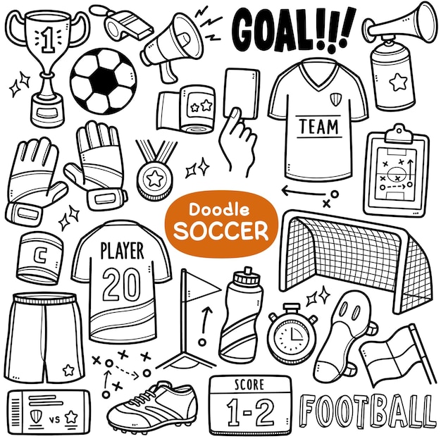 Doodle vector set  Soccer related equipments such as soccer ball jersey goal score etc