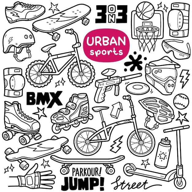 Doodle vector set  Urban sports related equipments such as skateboarding cycling skating etc