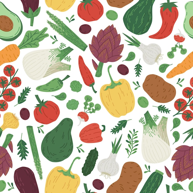 Doodle vegetables avocado carrot tomatoes vector seamless pattern