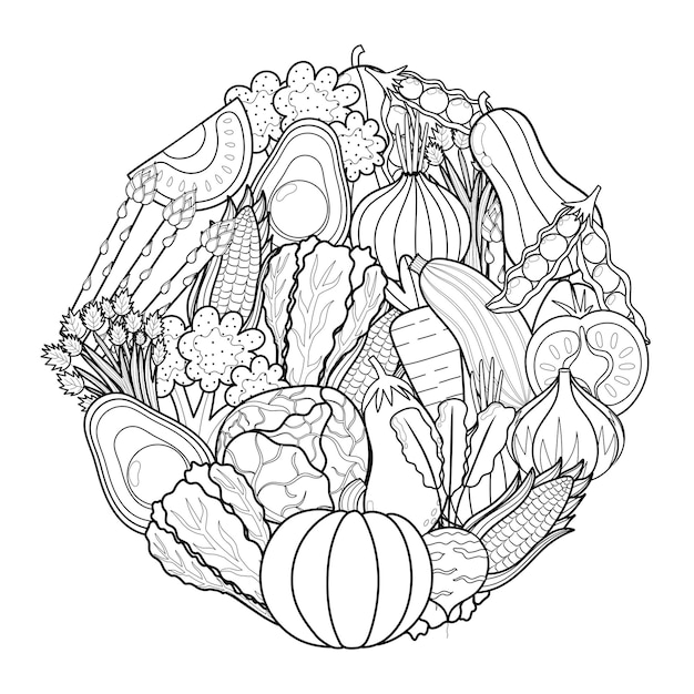 Doodle vegetables circle shape pattern for coloring book Food mandala coloring page