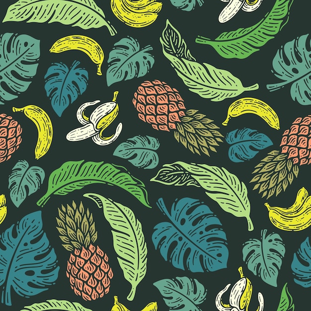 doodle vintage summer tropical pattern with pineapple banana and palm leaves illustration