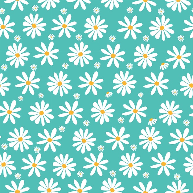 doodle white daisy flowers pattern on pastel green background, seamless background