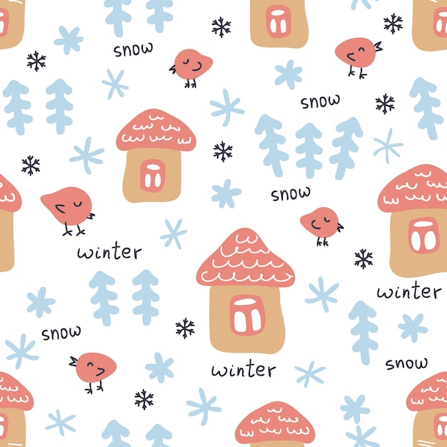 Doodle winter seamless pattern with houses Christmas trees birds and snowflakes Perfect for Tshirt textile and prints Hand drawn vector illustration for decor and design