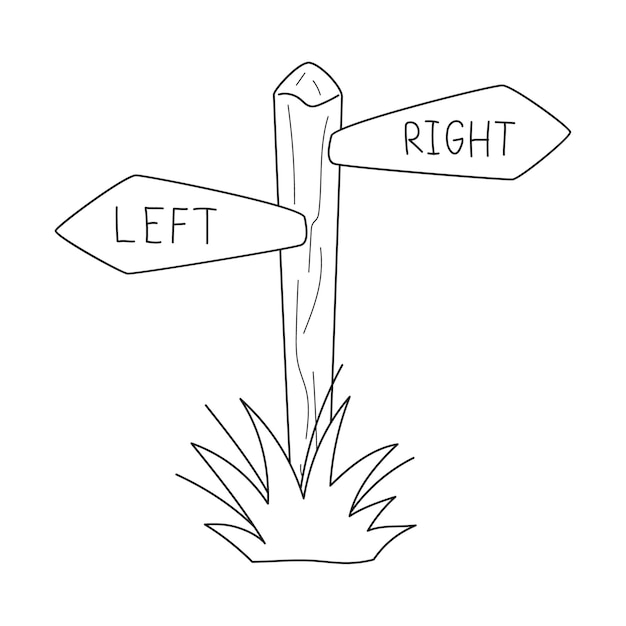 Doodle wooden forest signboard signposts guideposts with a pointer left and right Shows the direction The path pointer Outline black and white vector illustration isolated on a white background