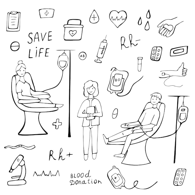 Doodle world blood donor day vector set icons