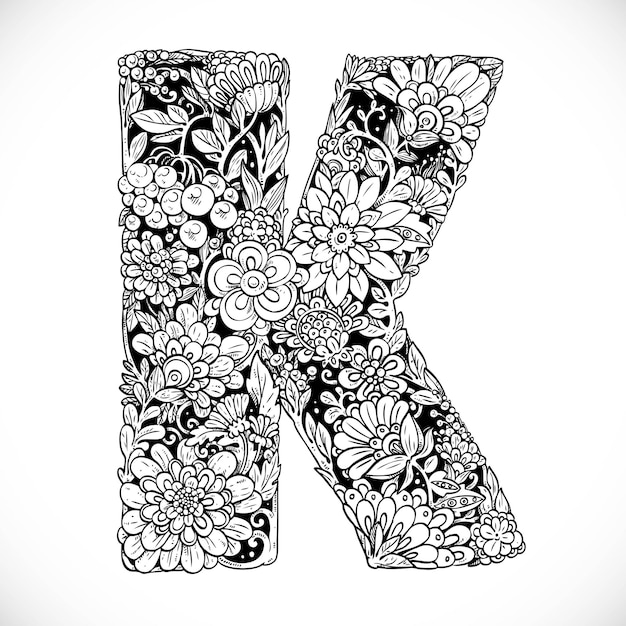 Doodles font from ornamental flowers letter K Black and white