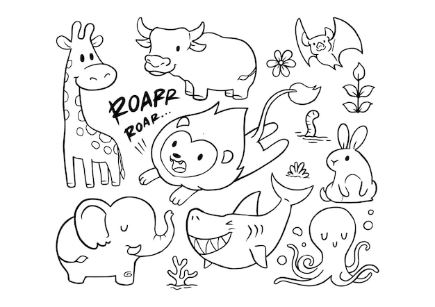 doodles lion and friend animals, coloring sheet