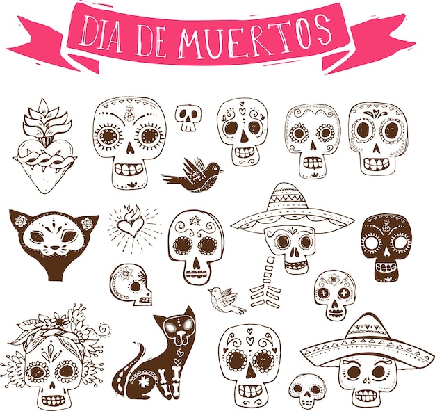 Doodles mexican skull set day of the dead