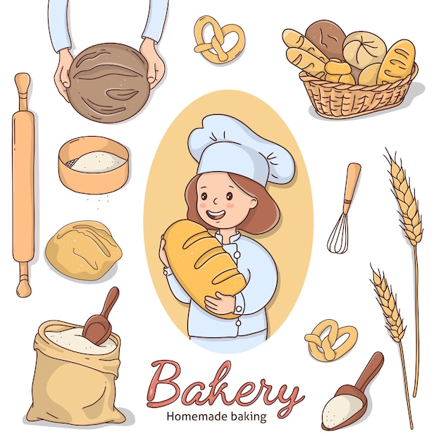 Doodlestyle set with a female baker and various bakery products