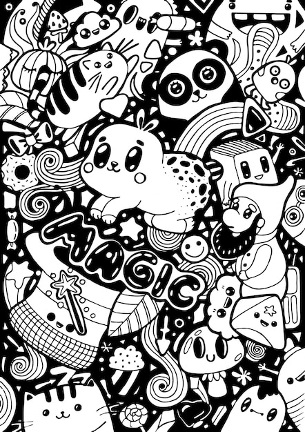 Doodling cute cartoon kawaii characters.  Hand drawn white and black sketch coloring.