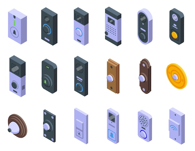 Door bell icons set isometric vector Home building