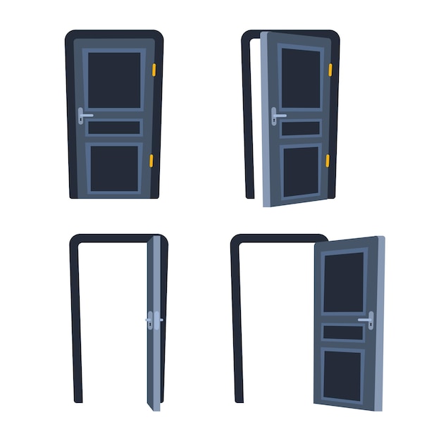 Door Closed and open classical interior Doors Frame set Vector illustration