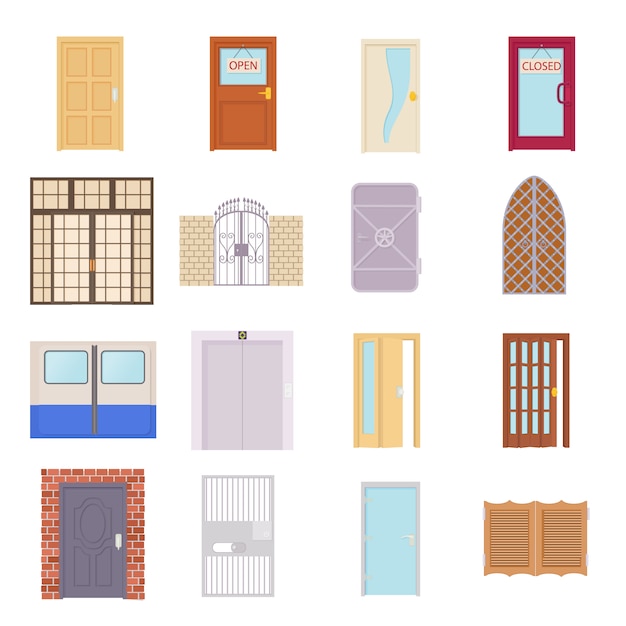 Door icons set in cartoon style vector