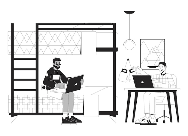 Dorm roommates studying together bw vector spot illustration Dormitory boys 2D cartoon flat line monochromatic characters for web UI design Doing homework editable isolated outline hero image