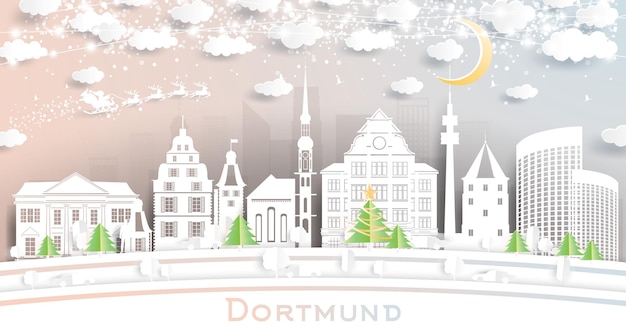 Dortmund Germany City Skyline in Paper Cut Style with Snowflakes Moon and Neon Garland