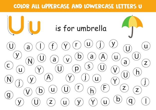 Dot all letters U Educational worksheet for learning alphabet