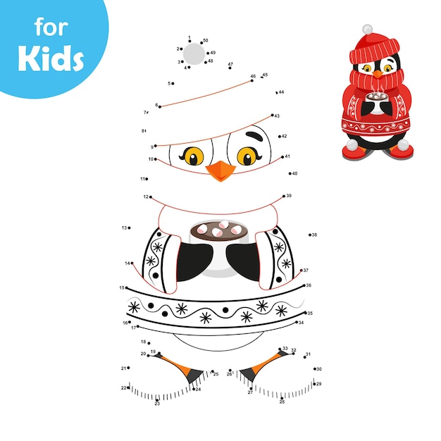 Dot by dot Penguin in sweater and a cup of cocoa Educational game for children