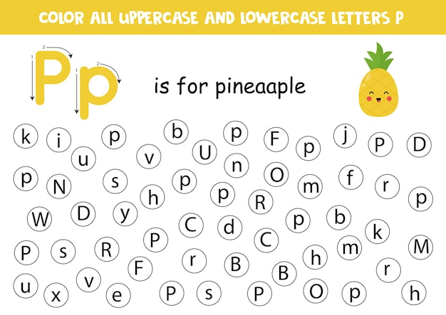 Dot or color letter P. Alphabet learning page for preschoolers. ABC games. P is for pineapple.