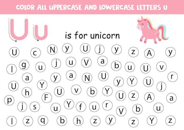 Dot or color letter U. Alphabet learning page for preschoolers. ABC games. U is for unicorn.