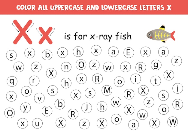 Dot or color letter X. Alphabet learning page for preschoolers. ABC games. X is for x ray fish.