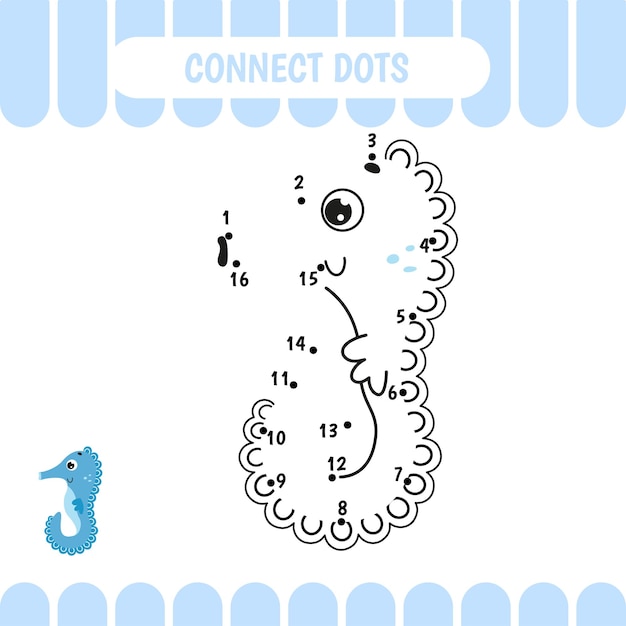 Dot to dot educational game for preschool kids Activity worksheet Sea horse Vector Illustration