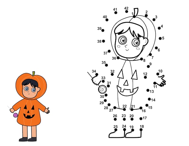 Dot to dot game for kids. Connect the dots and draw a cute kid in pumpkin costume. Halloween puzzle