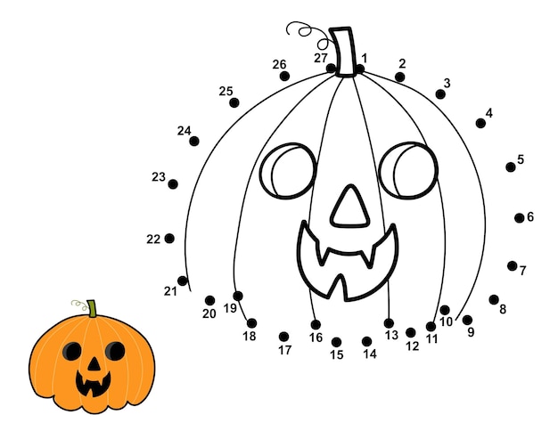 Dot to dot game for kids. Connect the dots and draw a cute pumpkin. Halloween puzzle activity page