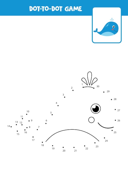 Dot to dot game with cartoon cute whale. Connect the dots. Math game. Dot and color picture.