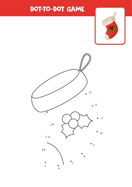 Dot to dot game with Christmas sock. Connect the dots. Math game. Dot and color picture.