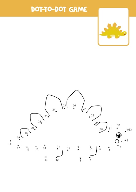 Dot to dot game with cute cartoon dinosaur stegosaurus. Connect the dots. Math game. Dot and color picture.