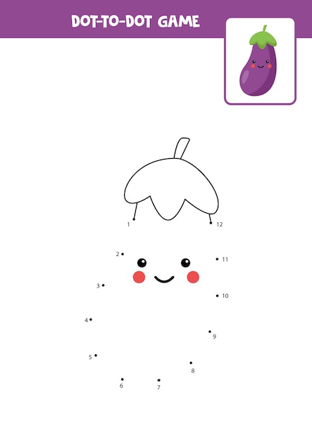 Dot to dot game with cute kawaii eggplant Connect the dots Math game Dot and color picture