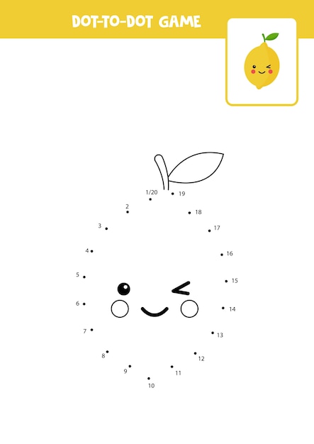 Dot to dot game with cute kawaii lemon Connect the dots Math game Dot and color picture