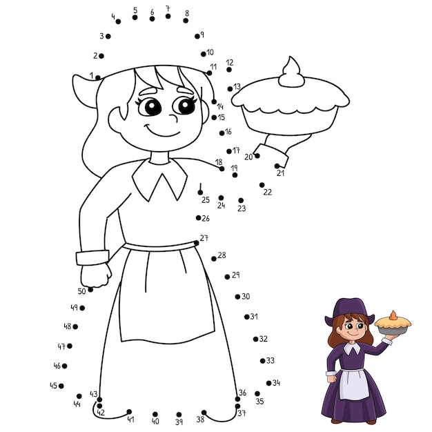 Dot to Dot Thanksgiving Pilgrim Girl Holding Pie