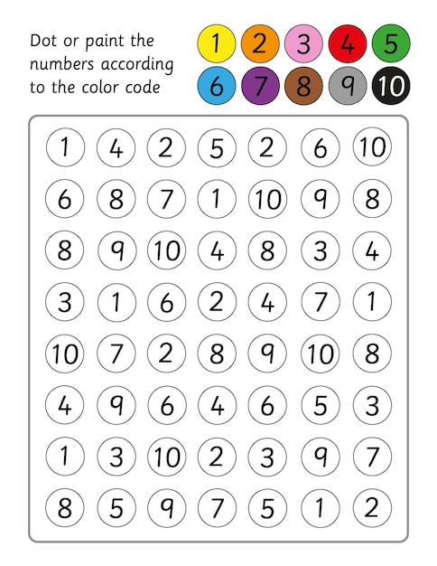 Dot or paint the numbers by color code worksheet or game for toddler preschool fine motor skills