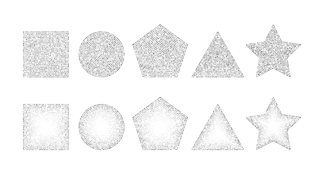 Dotted grainy shapes set. Stippled square, circle, triangle, star and pentagon with gradient. Grainy